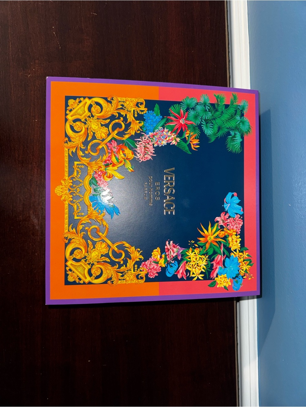 Versace Navy Floral Baroque Box with Pink Orange Green Blue Gold Accents